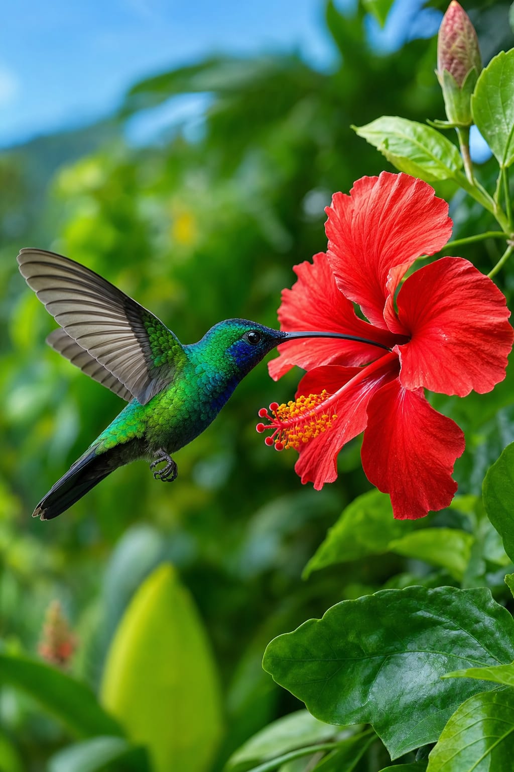 A brightly coloured Caribbean endemic bird perched in tropical forest foliage